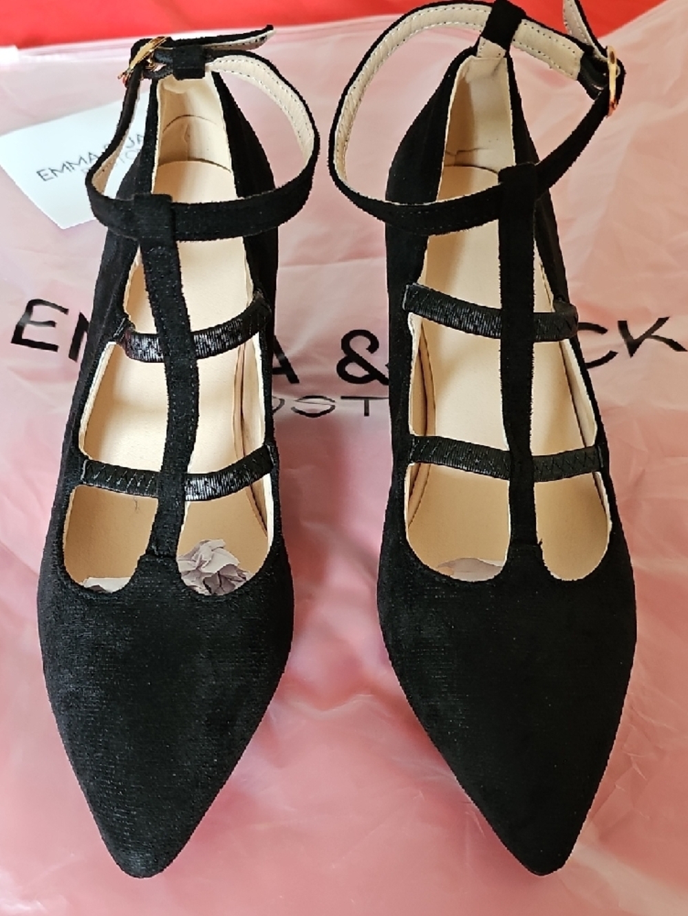 Black Pointed T-Strap Block Heel